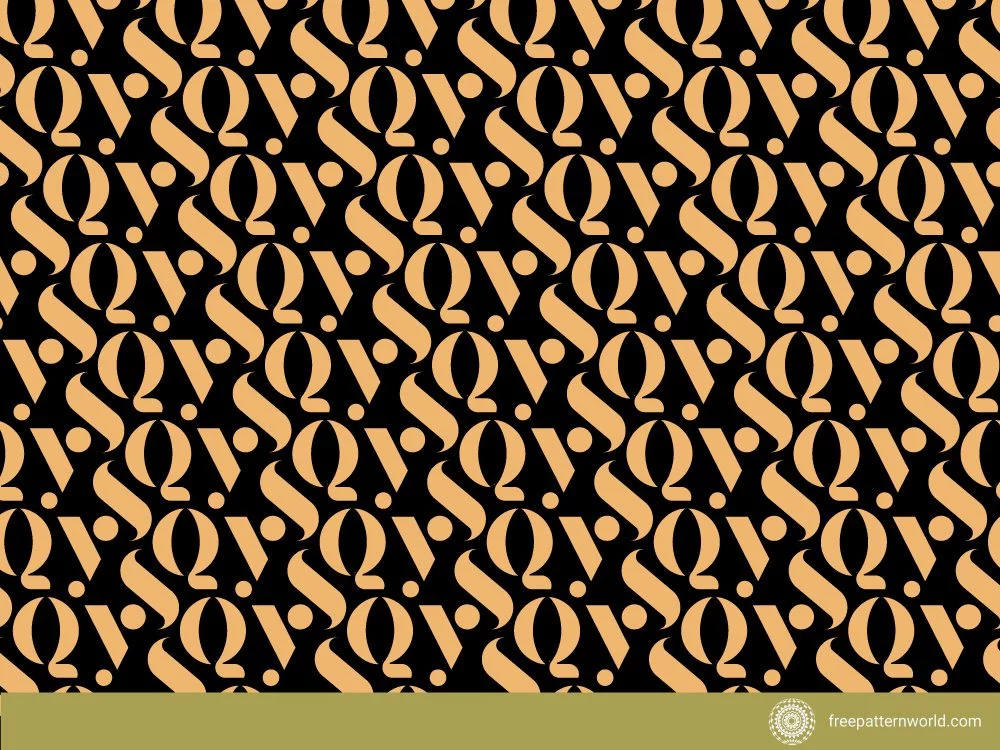 : Seamless abstract typography pattern with interlocking peach-colored "Q" and "V" shapes on a black background.