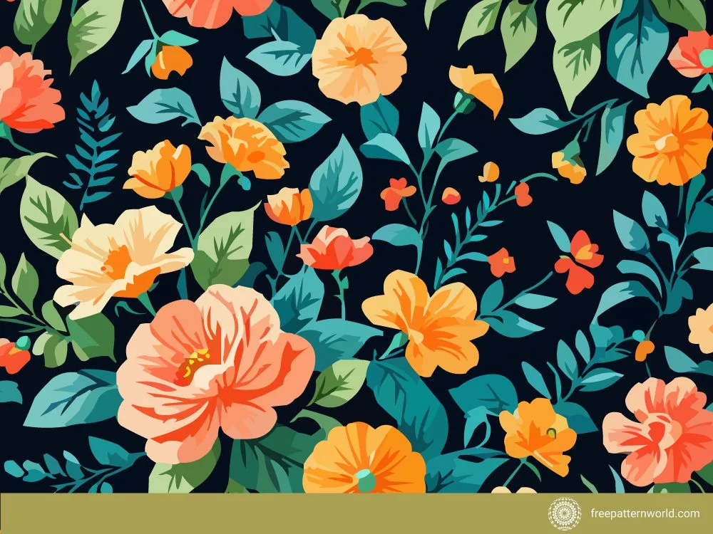 Seamless pattern with a dense array of vintage-style orange, peach, and coral flowers with teal and green leaves on a dark navy or black background.