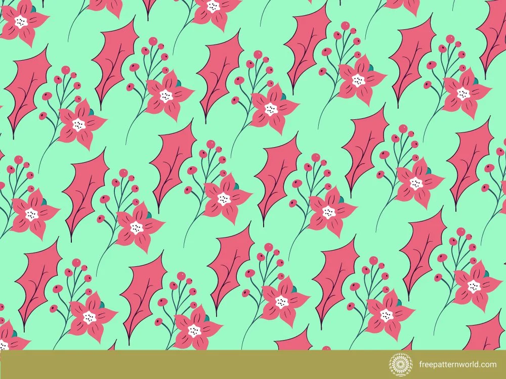 Christmas holly pattern with pink poinsettia flowers and red berries on a light green background.