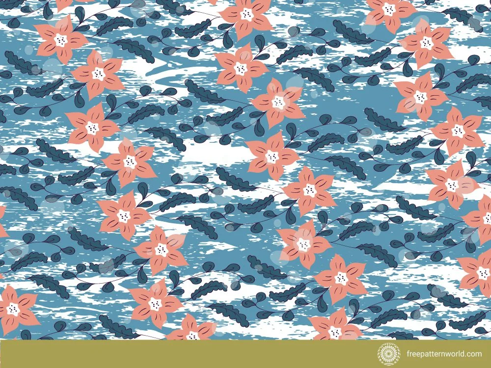 Floral winter pattern with peach-colored flowers and dark blue leaves on a textured light blue and white background.