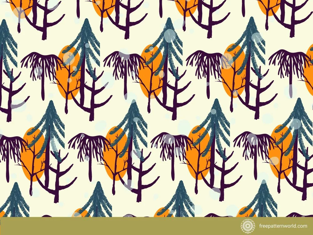 Winter forest pattern with blue evergreen trees, dark brown bare trees, and orange suns on a cream background.
