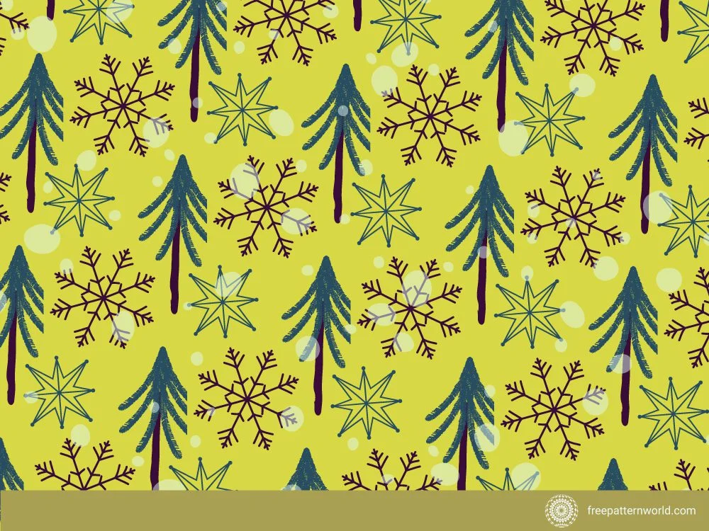 Winter holiday pattern with blue fir trees, brown snowflakes, and yellow stars on a vibrant lime green background.