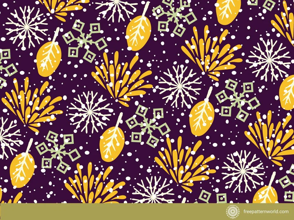 Colorful seamless winter pattern with white snowflakes, yellow leaves, yellow abstract bursts, light green geometric shapes, and scattered white dots on a dark purple background.