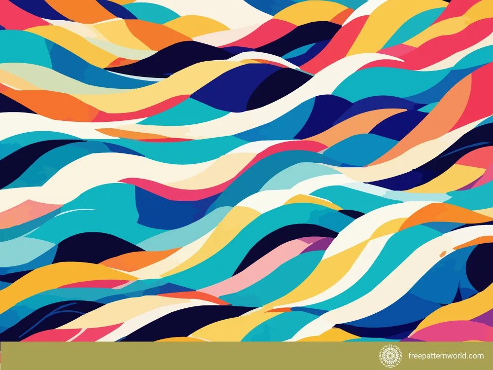Seamless pattern featuring a vibrant and dynamic arrangement of abstract waves or flowing ribbons in bold colors including blue, yellow, orange, pink, and white.