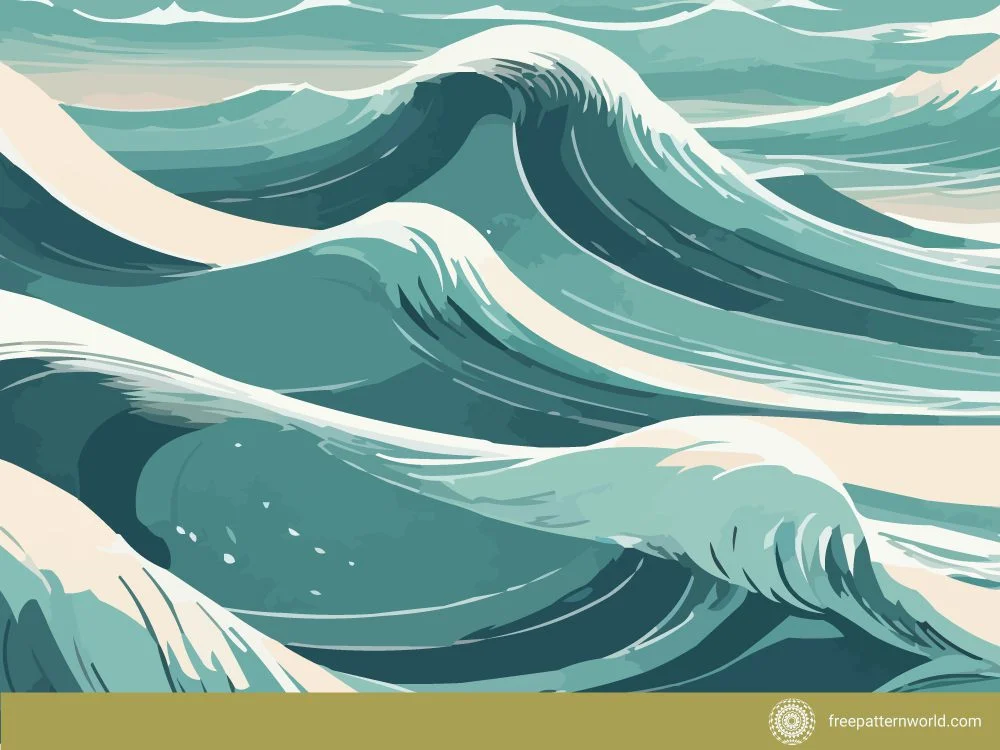 Seamless pattern depicting stylized ocean waves in shades of teal, blue-green, and off-white, creating a calming and fluid aquatic scene.