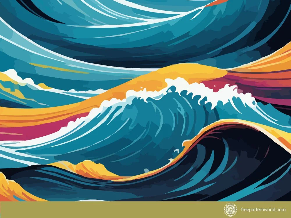 Abstract seamless pattern depicting powerful ocean waves in various shades of blue and teal, with vibrant orange, yellow, and deep purple accents, and white foam.