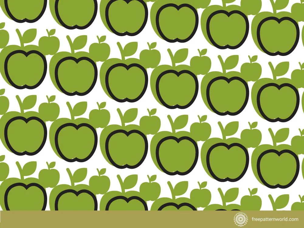 Seamless fruit pattern of stylized green apples with black outlines and smaller solid green apples with leaves, on a white background, creating a fresh and playful fruit design.