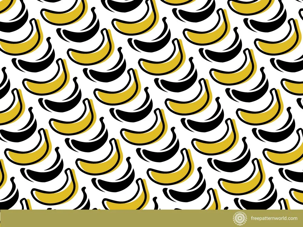 Seamless fruit pattern of stylized bananas in yellow and black outlines, with some solid black bananas, on a white background, creating a playful and modern fruit design.
