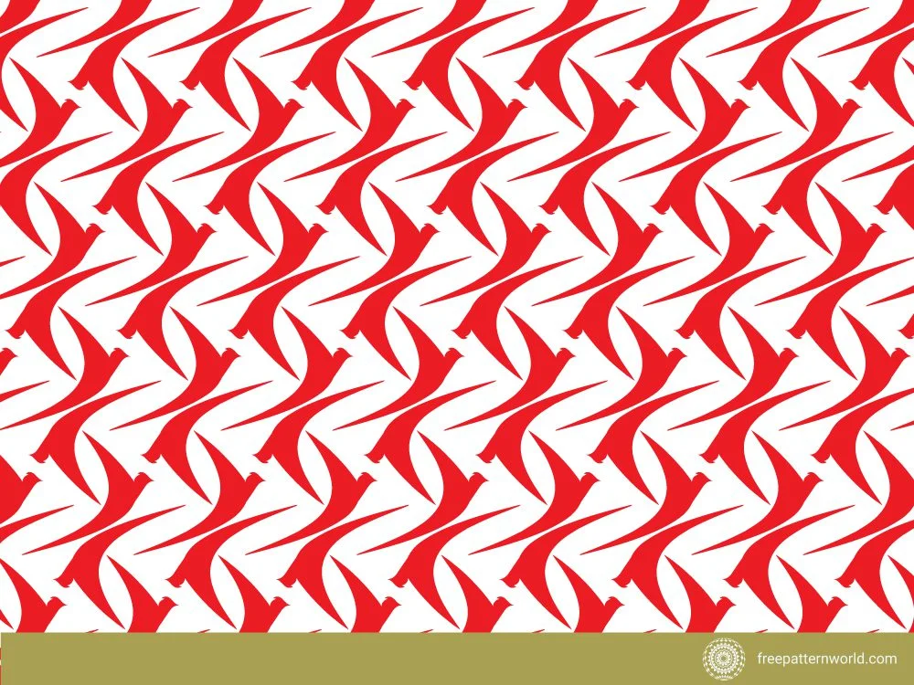 Abstract seamless pattern of repeated red curved shapes resembling stylized bird wings or intertwining elements on a white background.