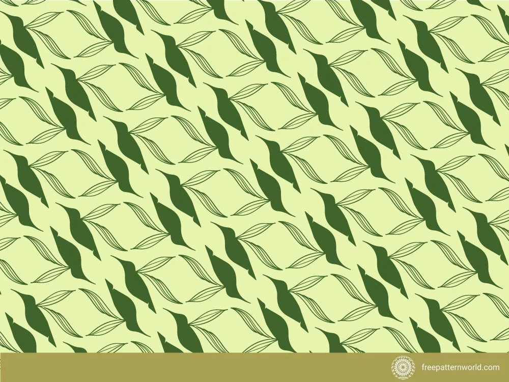 Seamless pattern featuring repeating dark green stylized bird silhouettes alternating with abstract leaf or wing shapes on a light green background.