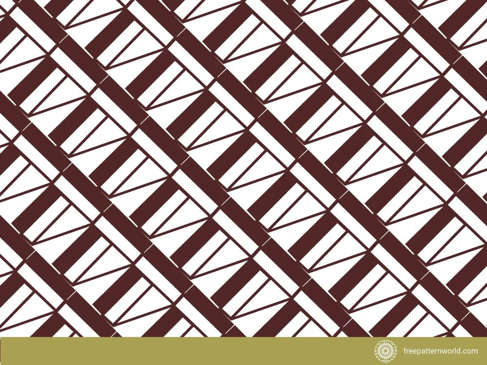 Geometric diagonal pattern in white and dark brown, featuring alternating solid bars and chevron-like shapes.