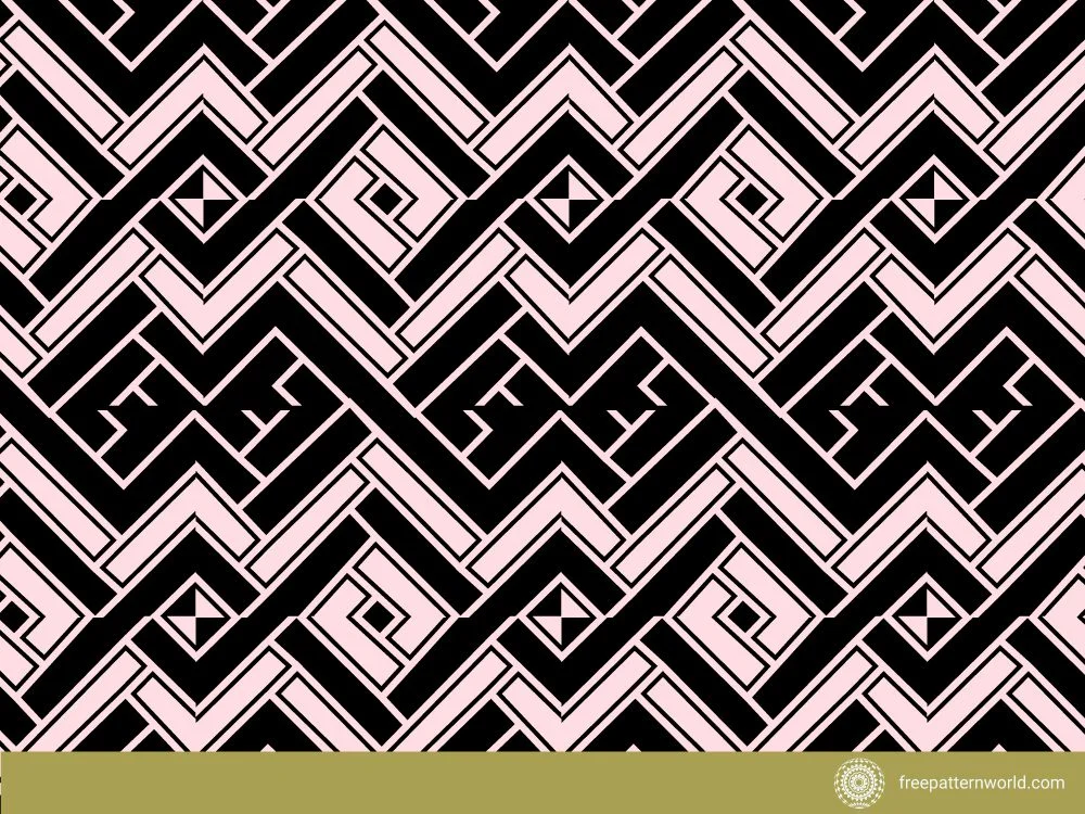 Abstract geometric herringbone pattern in black and pale pink, forming an intricate woven design.