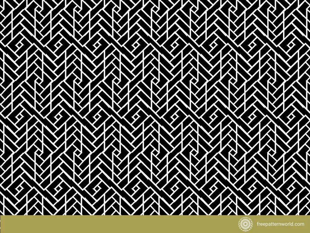 Black and white geometric herringbone pattern with intricate interlocking lines creating a textured effect.
