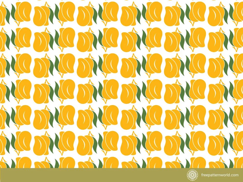 Seamless pattern of cartoon-style yellow mangoes with green leaves on a white background.