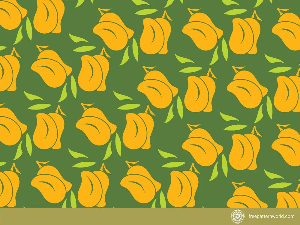 Seamless pattern of yellow mangoes with light green leaves on an olive green background.