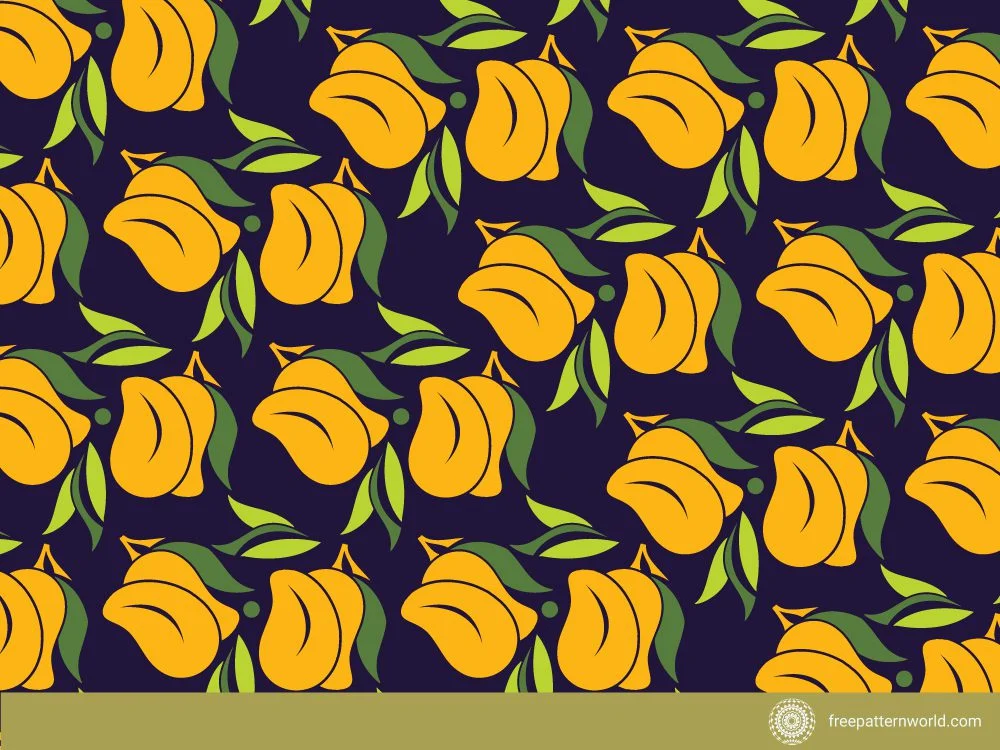 Pattern featuring stylized yellow mangoes with green leaves on a dark blue background.