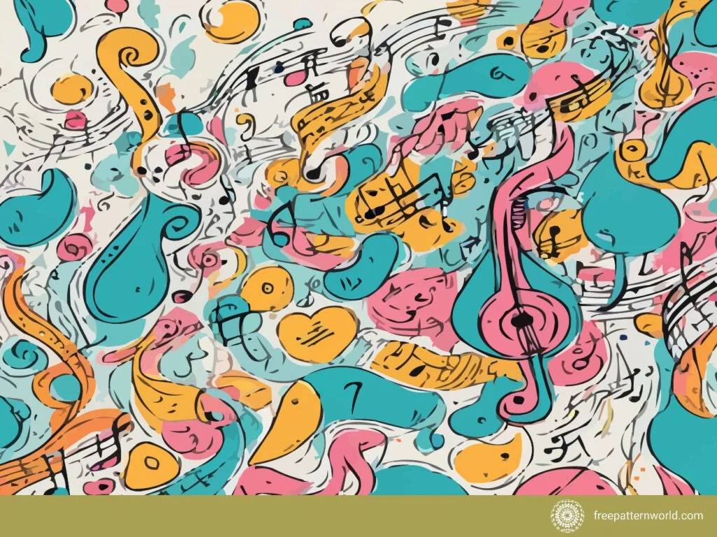 Abstract musical pattern with swirling lines, musical notes, and stylized instrument shapes in pink, teal, yellow, and black on a light background.