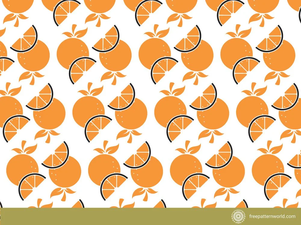 Seamless fruit pattern of stylized whole oranges and orange slices with black outlines, along with small leafy stems, all in orange on a white background, creating a fresh and juicy fruit design.