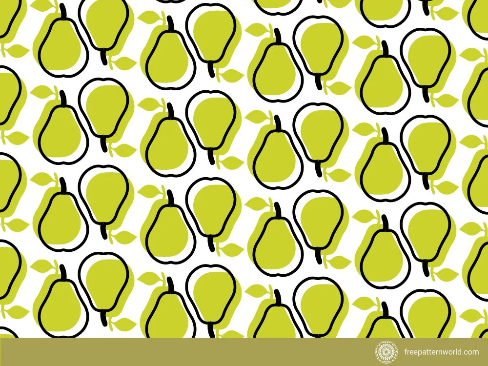 Seamless fruit pattern of stylized green pears with black outlines and solid green fill, arranged with some pairs, on a white background, creating a fresh and modern fruit design.