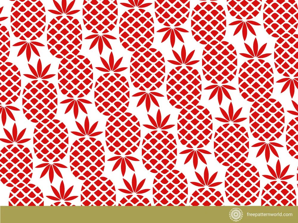 Seamless pattern of stylized red pineapples on a white background, featuring a checkered body and pointed leaves, creating a vibrant and tropical design.