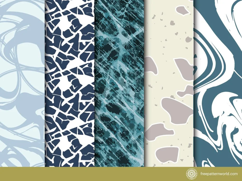 Collection of five distinct abstract digital patterns including a light blue wavy marble texture, dark blue and white shattered mosaic, distressed teal and blue lines, cream with organic grey shapes, and dark blue and white swirling marble.