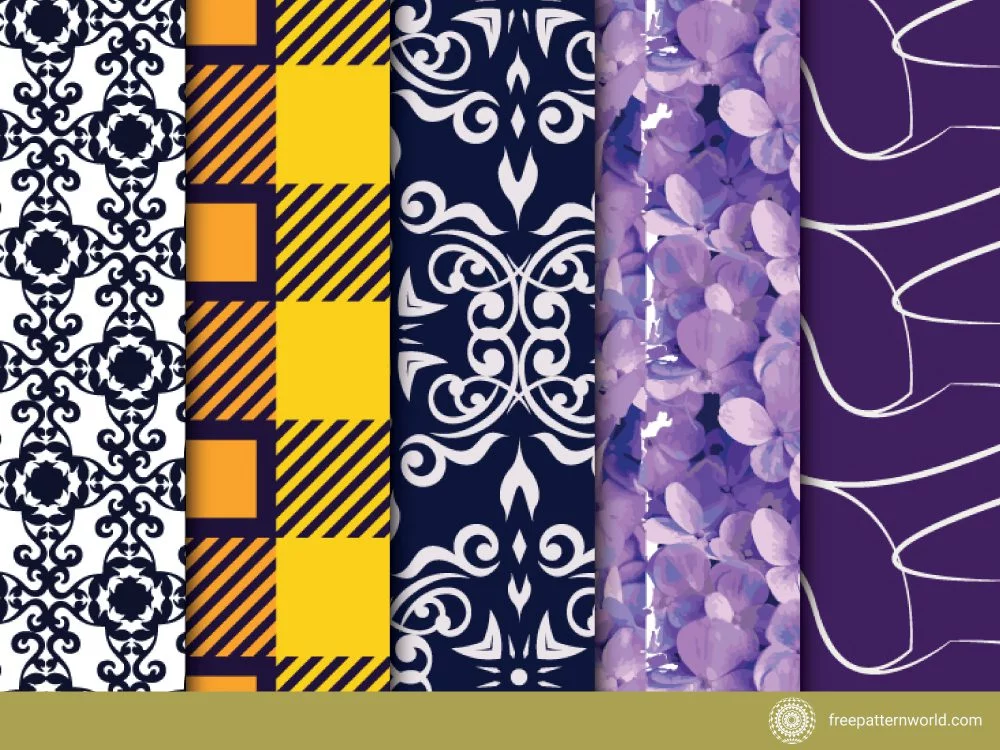 Set of five free patterns including black and white ornate trellis, yellow and orange plaid, blue and white damask, purple watercolor floral, and purple abstract lines.