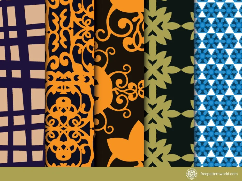 Set of five diverse seamless patterns: a plaid in purple and beige, two intricate orange and black ornate designs, a green geometric floral on black, and a blue and white geometric hexagon mosaic.