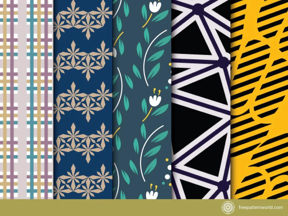 Set of five seamless patterns, including a plaid, geometric star, floral vine, abstract triangles, and dynamic stripes, in various color palettes.