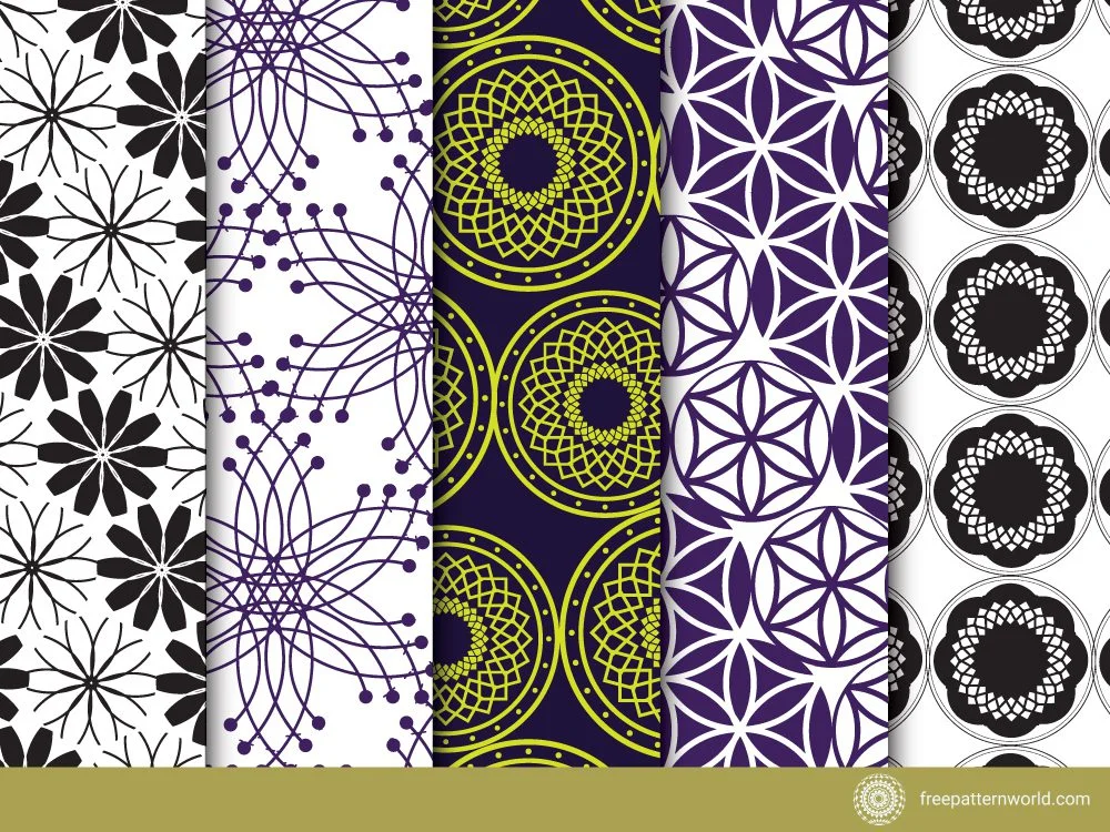 Set of five seamless geometric and floral patterns in black, white, purple, and lime green, featuring various circular and mandala-like designs.