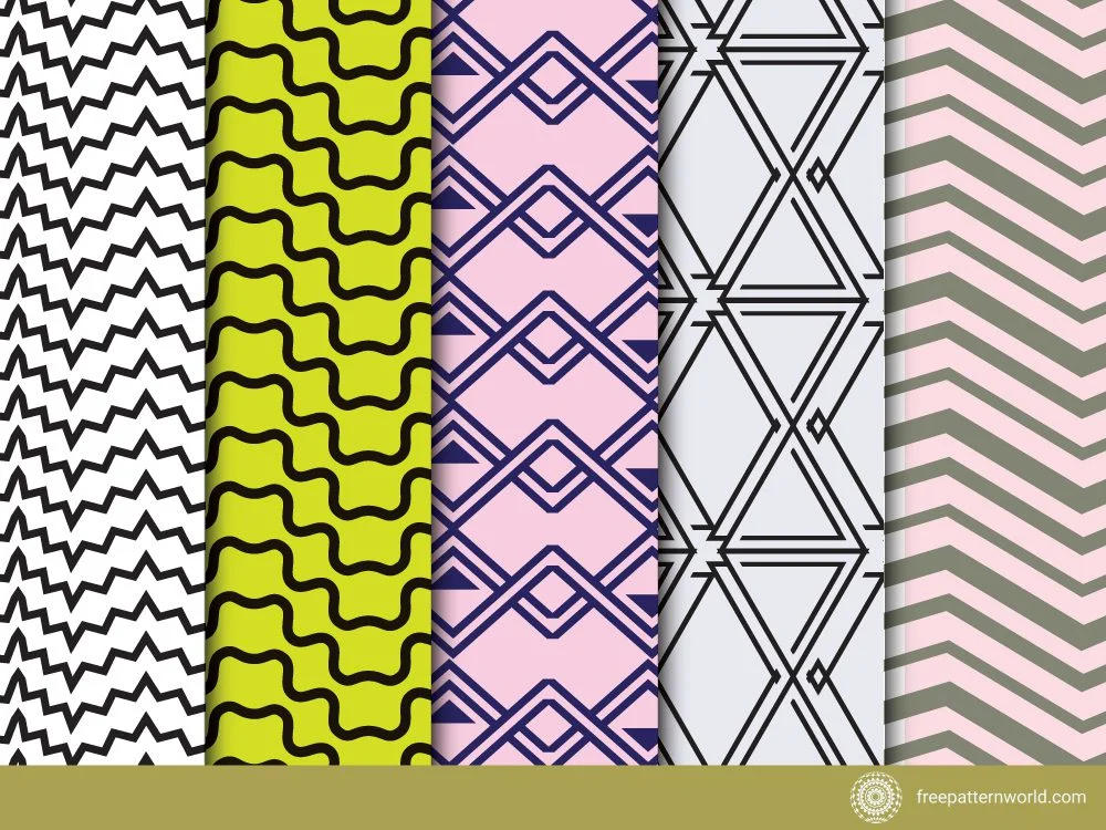 Set of five distinct geometric seamless patterns, including black zigzags on white, black waves on lime green, blue intersecting lines on pink, black intersecting triangles on white, and pink and gray zigzags.
