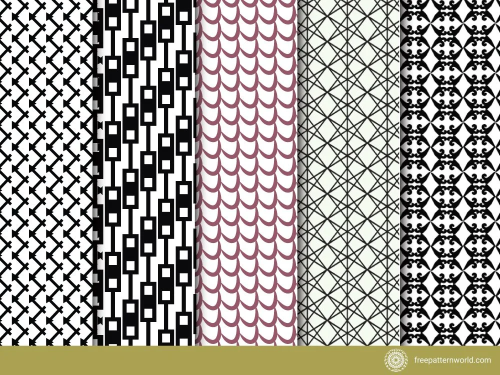 Five seamless geometric and Sewing patterns, including black and white interlocking zigzags, repeating black and white rectangles and squares, reddish-brown scallops on white, intersecting black lines on cream, and black ornamental quatrefoil designs on white.