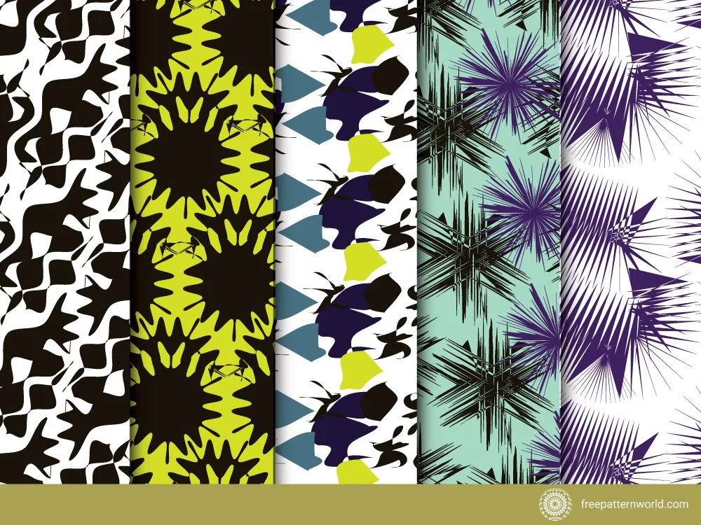 Collection of five distinct abstract patterns, including black and white organic shapes, lime green with dark jagged bursts, colorful geometric blobs, spiky black and purple on light blue, and abstract purple lines.