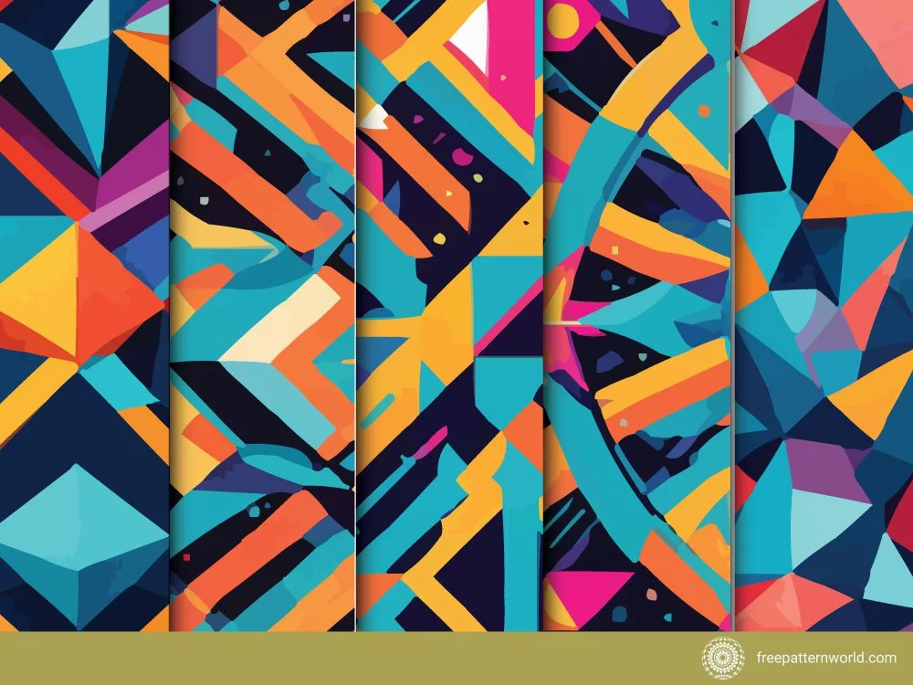 A collage of five seamless abstract geometric patterns with vibrant and bold color palettes including teal, orange, pink, yellow, and dark blue, showcasing various arrangements of shapes and lines.