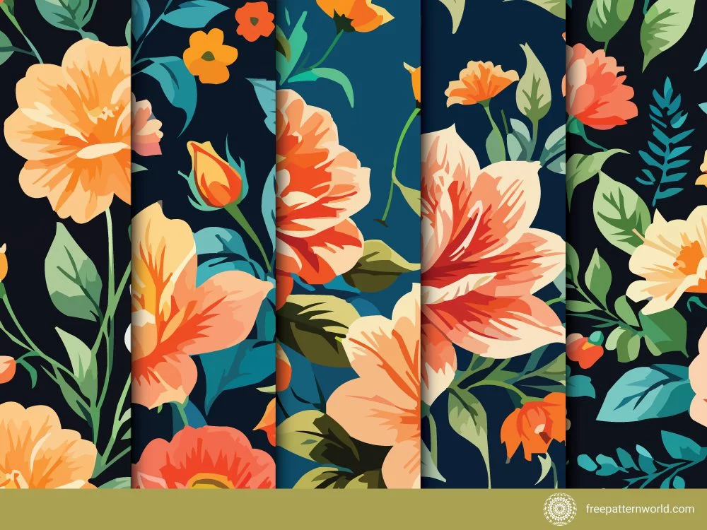 A collage of five seamless vintage floral patterns, all featuring orange, peach, and coral flowers with green and teal leaves on dark navy or black backgrounds, with slight variations in composition and flower size.