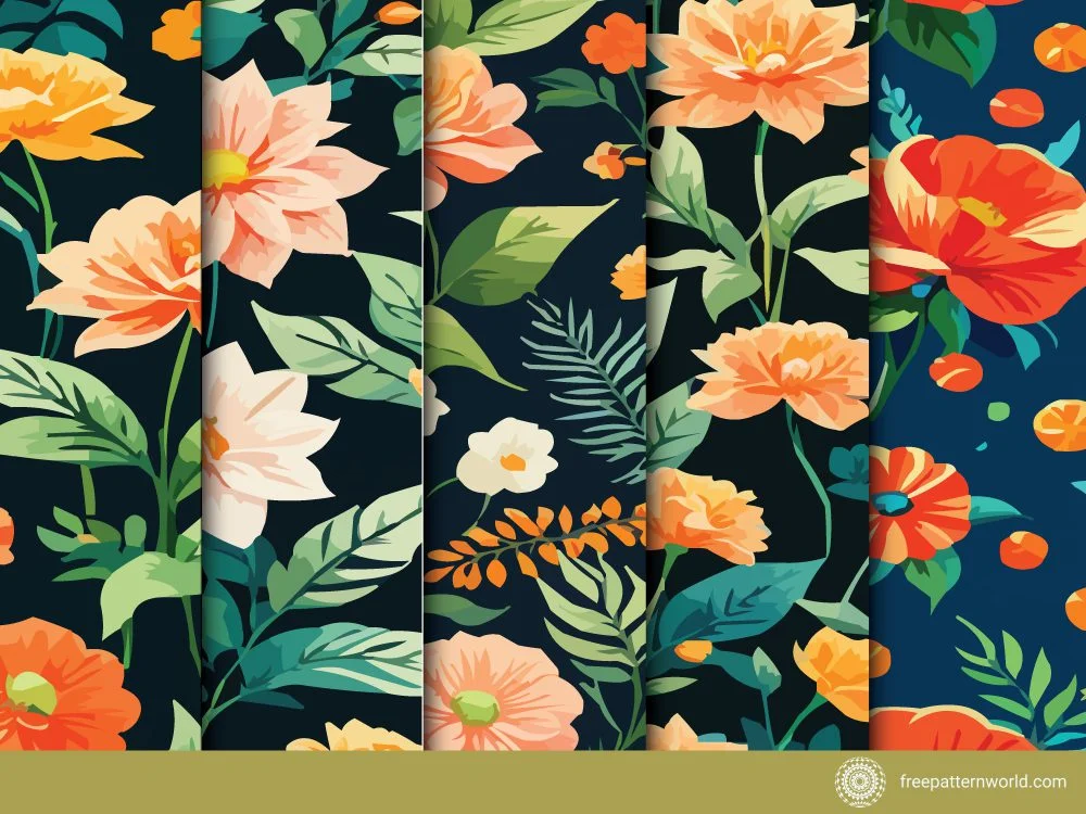 Alternative Text: Collection of five seamless floral patterns featuring various orange, peach, and white flowers with green leaves on dark backgrounds, suitable for tropical or botanical themes.