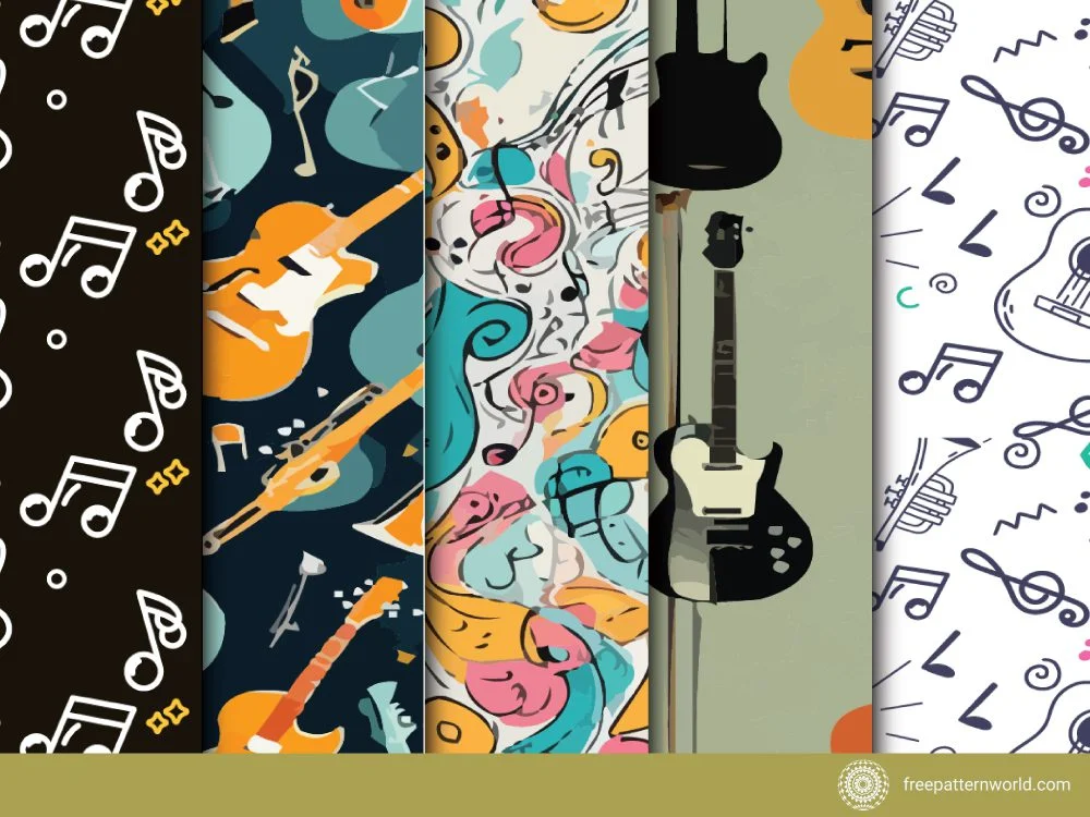 Collection of five music-themed patterns: white musical notes on black, abstract orange guitars and trumpets on dark blue, colorful swirling musical elements, black guitars on light green, and outlined musical instruments with notes on white.