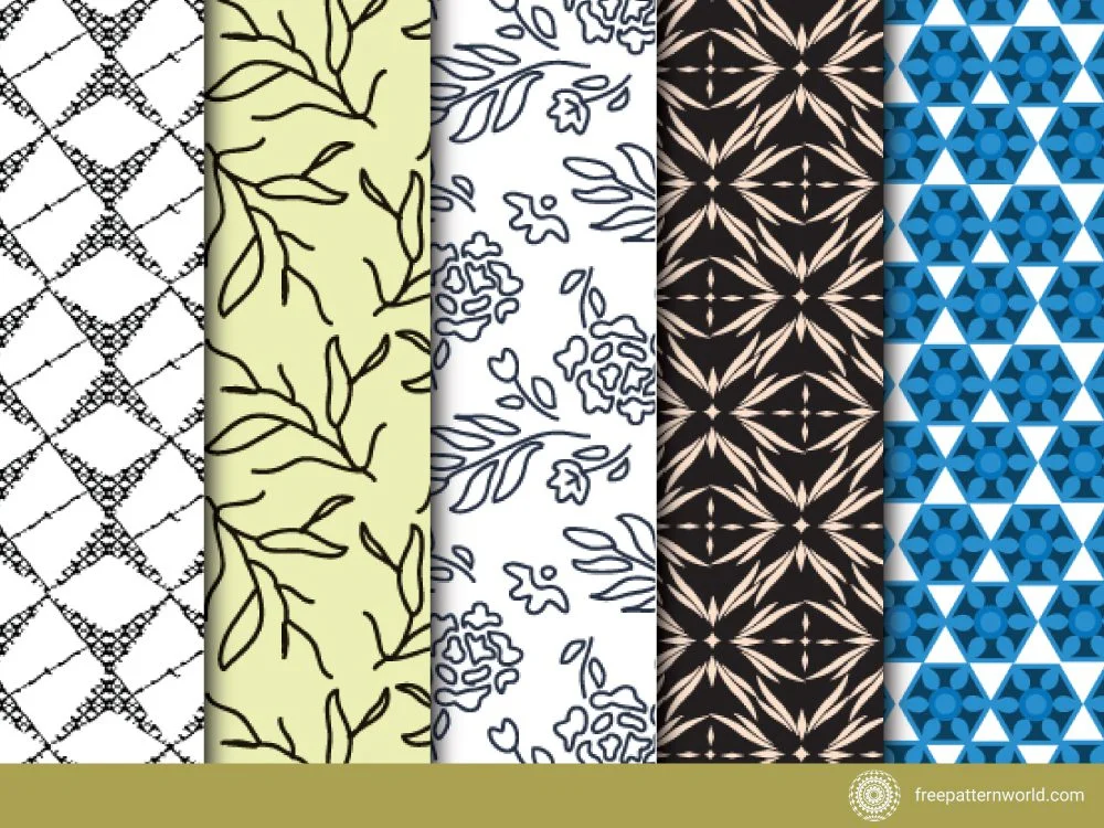 Set of five seamless patterns: black and white textured geometric, cream with black line art leaves, white with blue outline flowers, dark brown with light geometric stars, and blue and white geometric hexagons.
