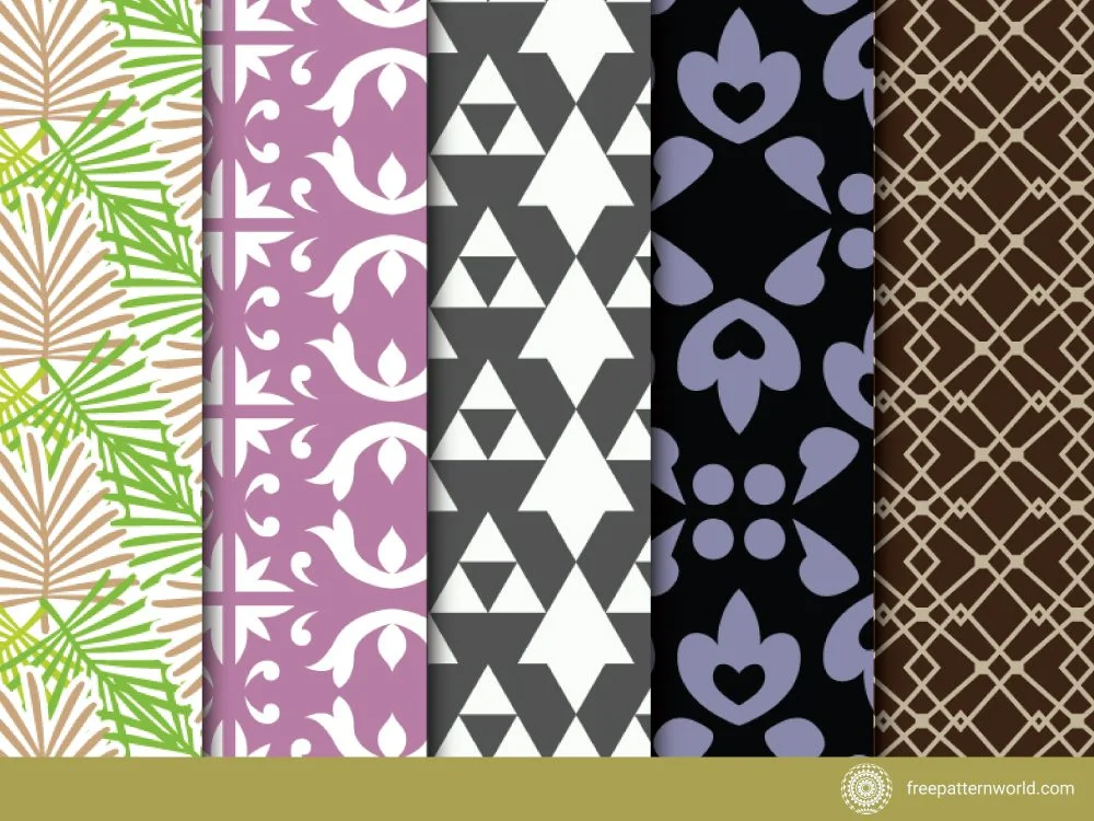 Set of five seamless patterns: green and brown palm leaves, purple and white ornamental floral, gray and white geometric arrows, black and purple abstract floral, and brown trellis geometric.