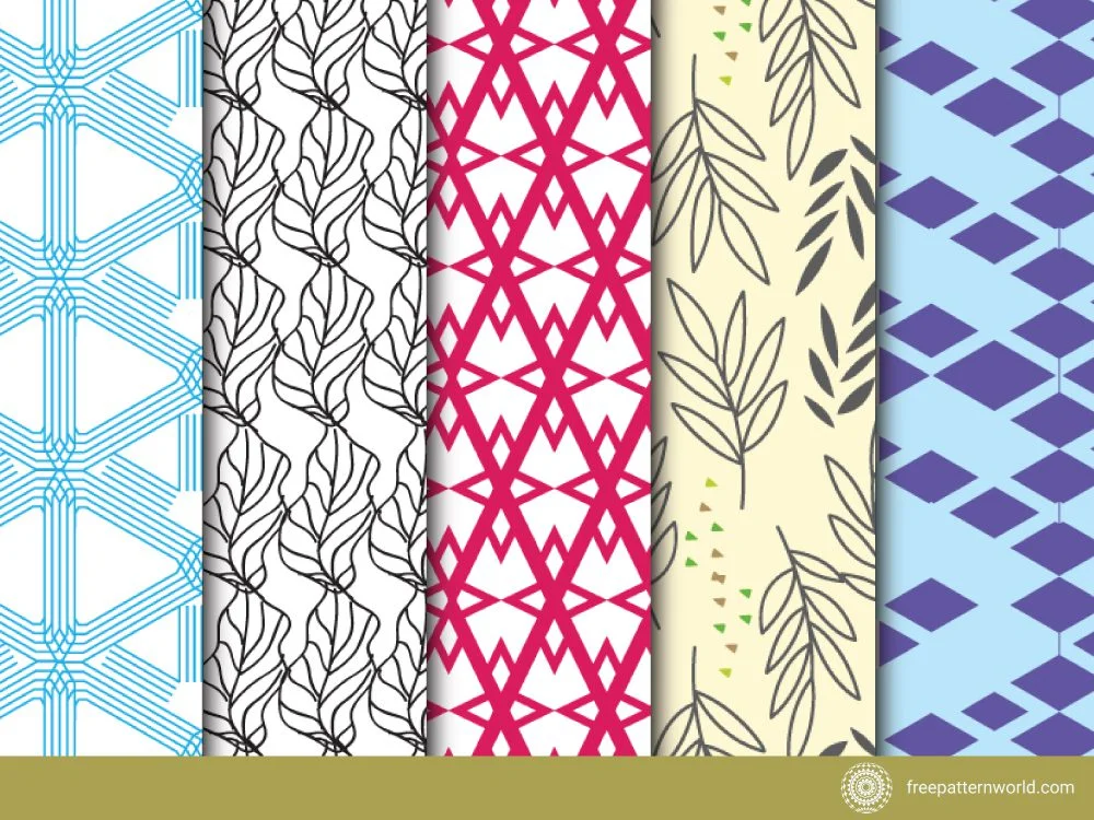 Set of five seamless patterns: light blue geometric lines, black and white abstract leaves, pink intersecting geometric shapes, cream with minimalist leaves and dots, and blue with purple diamonds.