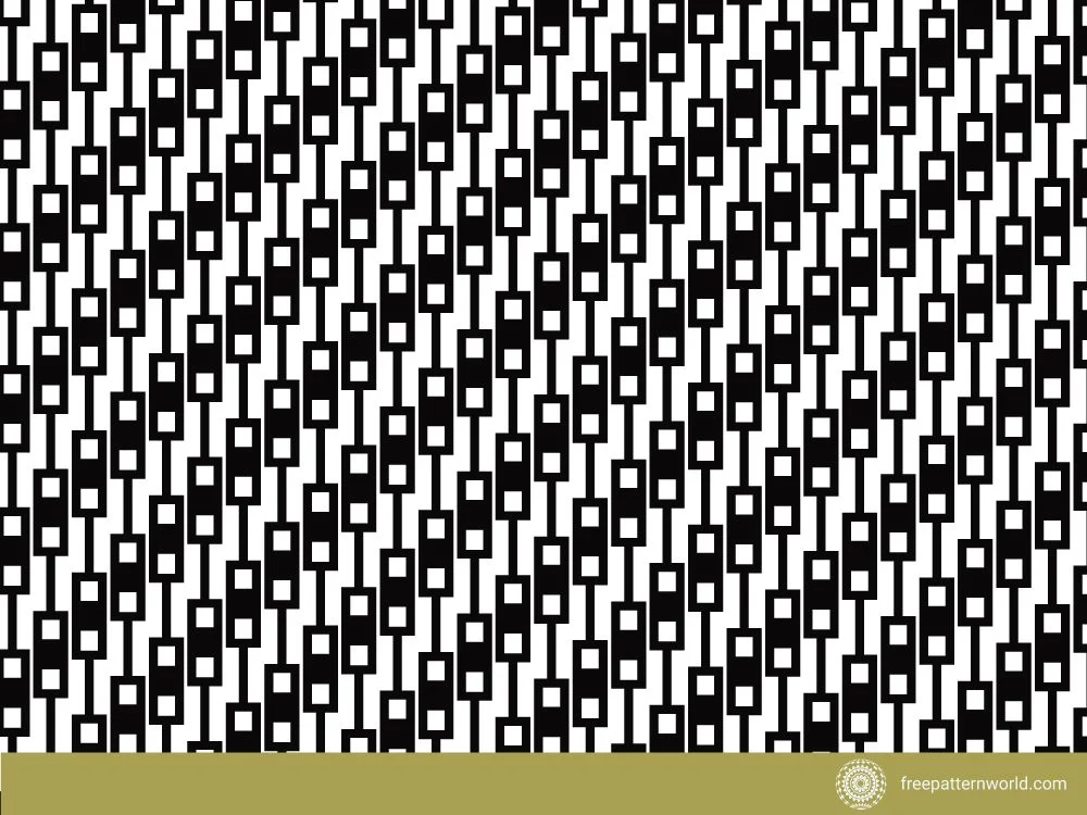 Seamless black and white geometric pattern of repeating interconnected rectangles and squares, forming a chain-like or modular design with a strong diagonal visual flow.