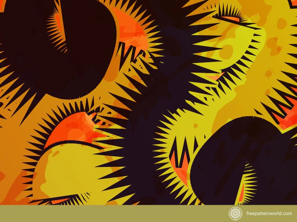 Abstract dark and warm-toned tie-dye pattern with jagged, spiky shapes and circular elements in shades of orange, yellow, and black, creating a bold and dynamic visual.