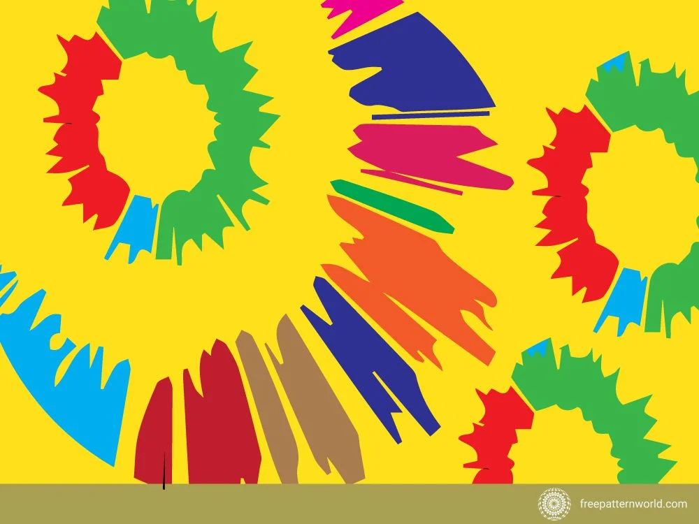 Abstract tie-dye pattern on a bright yellow background with bold, irregular brushstrokes in primary colors like red, green, blue, orange, and fuchsia, forming concentric and radiating shapes.