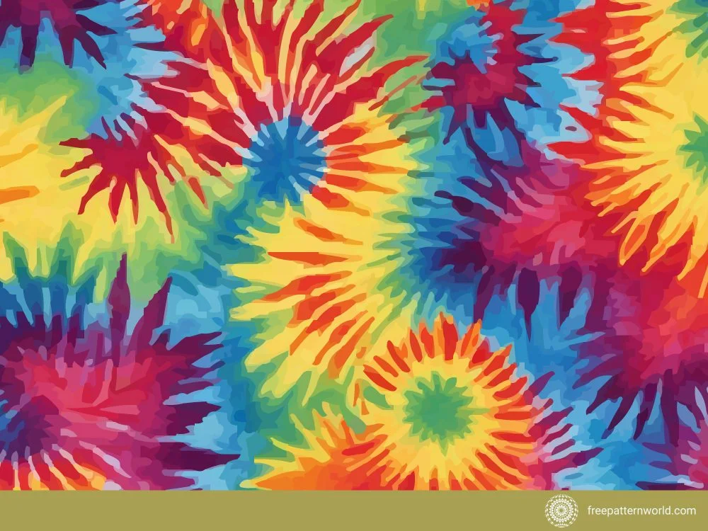 Vibrant tie-dye pattern featuring radiating bursts of color including red, orange, yellow, green, and blue, creating a psychedelic and abstract floral-like design.