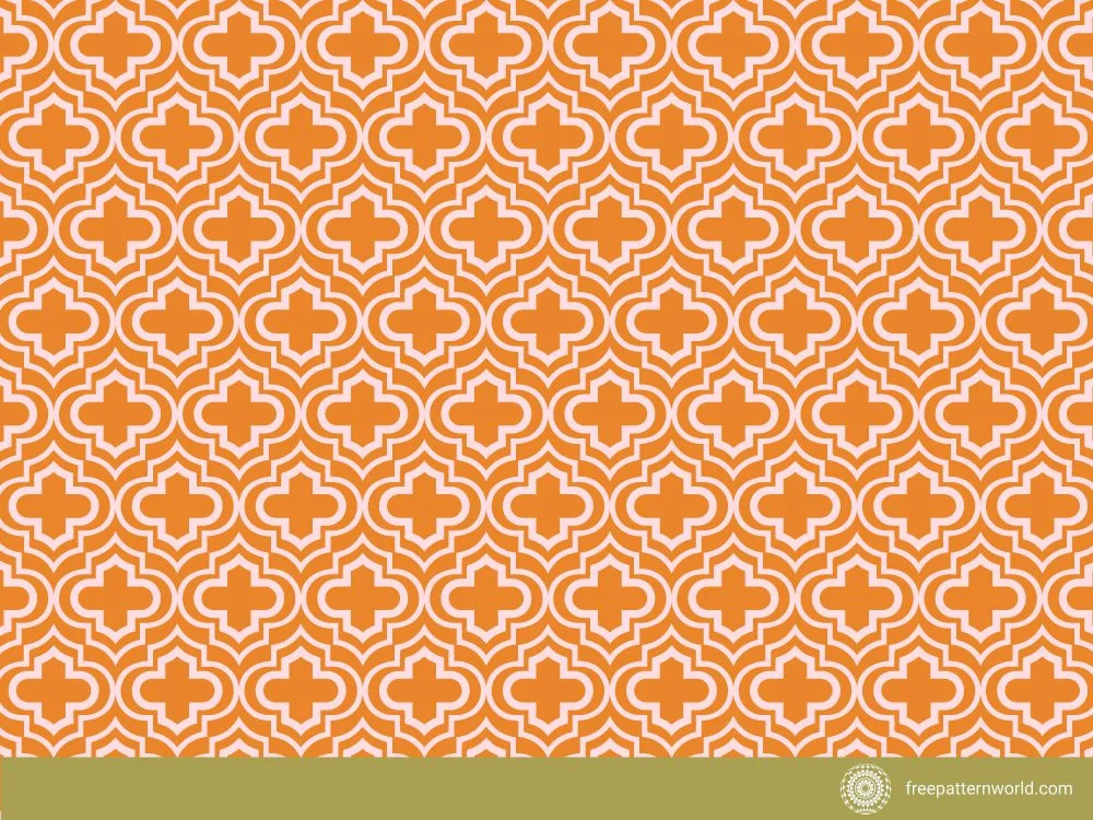 A seamless orange and light pink Art Deco Symmetrical Pattern quatrefoil Design, featuring repeating geometric shapes with a retro feel.