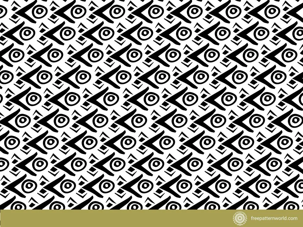 Seamless black and white pattern with abstract shapes resembling Aztec calendar stone glyphs or eyes.