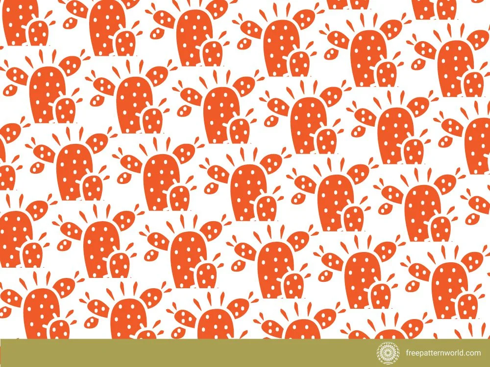 Seamless pattern of orange prickly pear cacti with white dots and radiating lines on a white background.