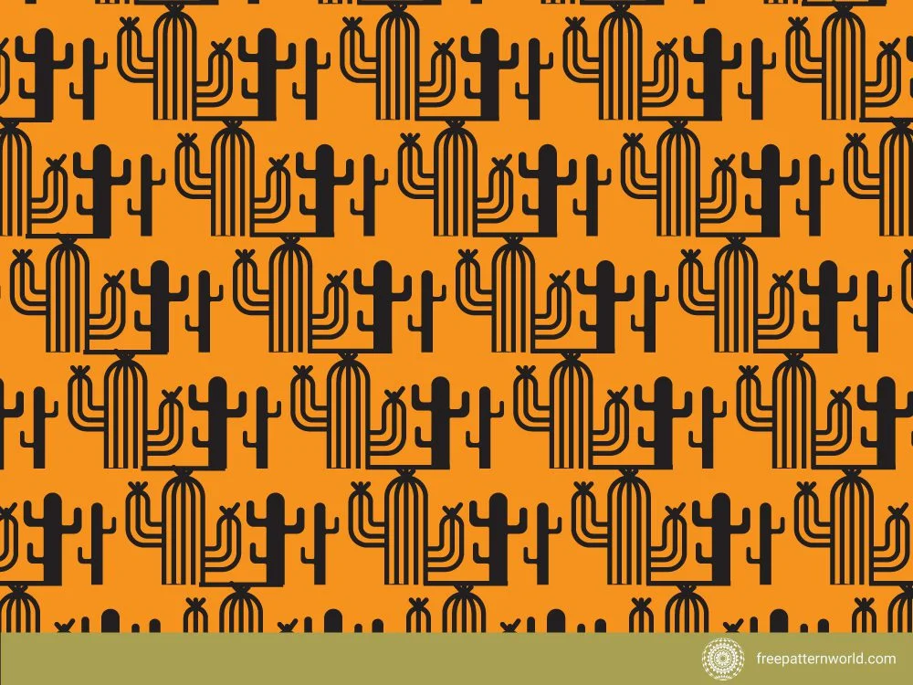Seamless Southwestern cactus pattern with black stylized saguaro and prickly pear cacti arranged in rows on an orange background.