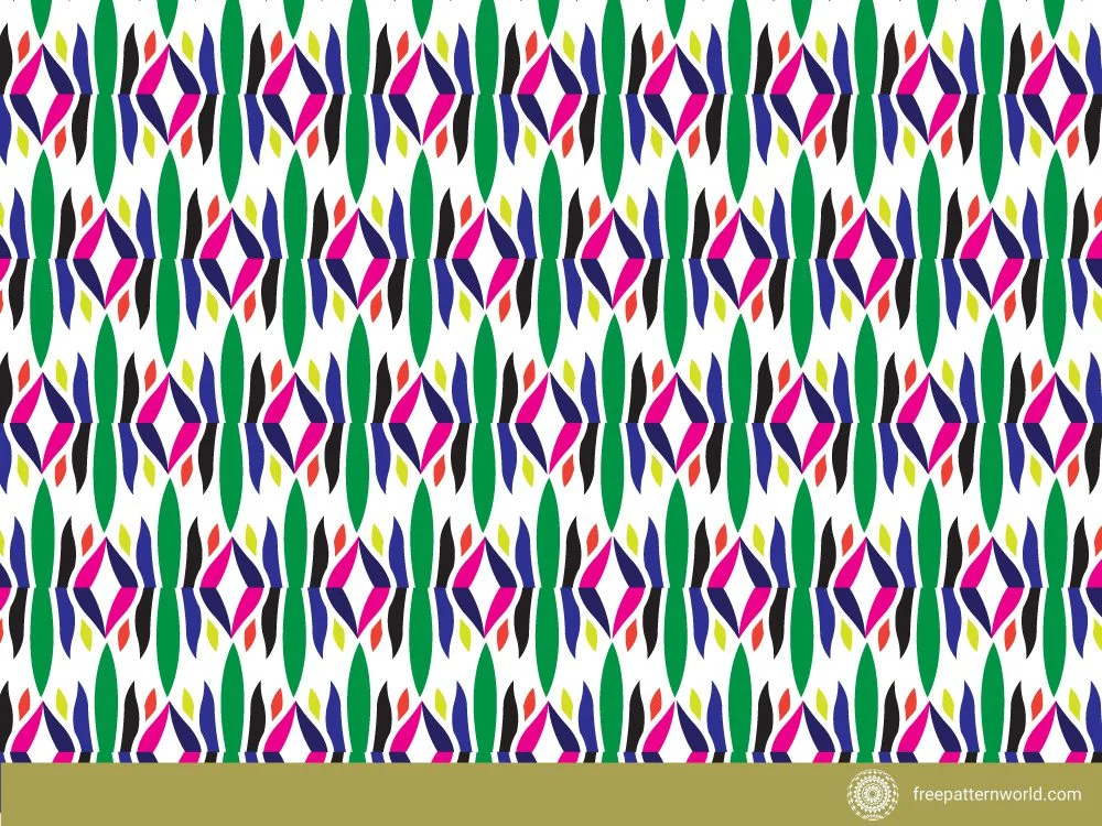 Colorful abstract geometric pattern with vertical rows of overlapping shapes in pink, blue, green, yellow, black, and red on a white background.