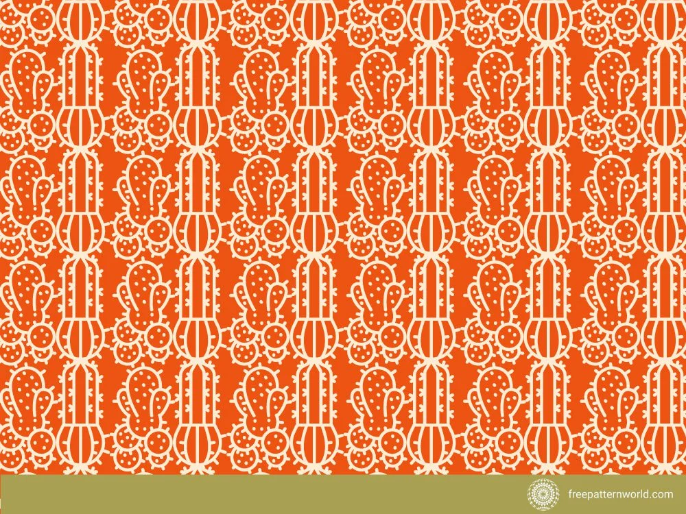 Seamless cactus pattern with repeating white outline illustrations of saguaro and prickly pear cacti on an orange background.