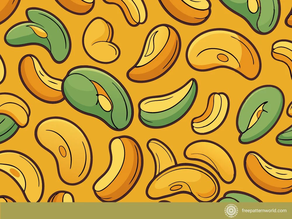 Seamless pattern of green and yellow cashew nuts on an orange background.